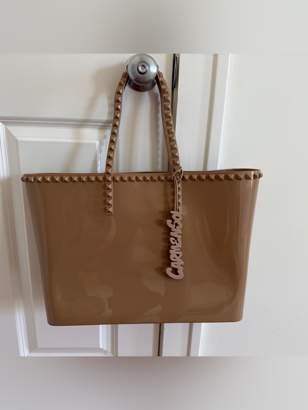 Carmen Sol Glossy Stud-Trim Jelly Large Camel Tote with Logo Charm